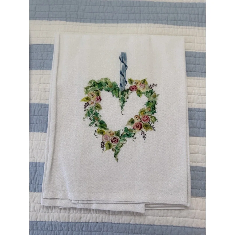 Vintage Pamela Cassidy Guest Towel 20X20 Hand Print Heart Cotton Cottagecore NIB